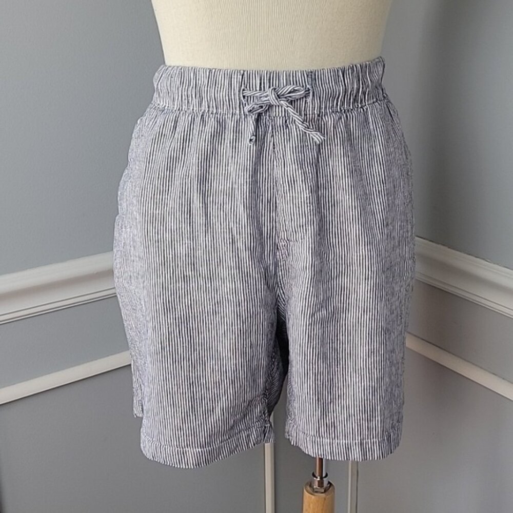 ONIA Navy Blue White Striped Linen Blend Preppy Elastic Drawstring Waist Shorts